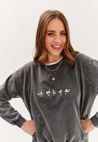 Šedá mikina s potiskem kreslených postaviček vyšitém v řadě. Měkká, texturovaná tkanina s žebrovanými manžetami a krkem.