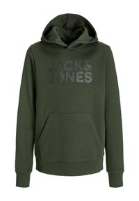 Olivno zelena jopa s kapuco iz mehkega blaga, z žepom spredaj in velikim črnim tiskom "JACK & JONES" na prsih.