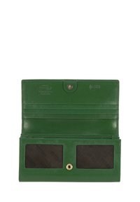 Portafoglio in pelle verde con chiusura a scatto, scomparti per carte all'interno e due tasche in rete, caratterizzato da una texture liscia e un design minimalista.
