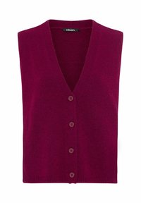 Tief purpurfarbene ärmellose Strickjacke mit V-Ausschnitt und vier passenden Knöpfen, aus gestricktem Stoff, mit Etikett der Marke Olsen.