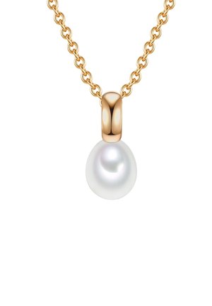 Collana in oro con pendente a forma di perla bianca rotonda, dalla texture liscia e finitura lucida. La chiusura è elegante e raffinata.