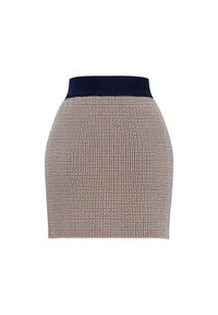 Gonna mini in maglia con una forma aderente, caratterizzata da una vita blu navy e un motivo testurizzato di quadretti arancioni e neri.