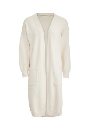 Lang, cremet cardigan lavet af blødt strikstof. Har en dyb V-udskæring, lange ærmer og to forlommer. Åben frontdesign.