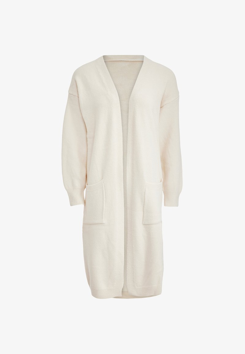 Langer, cremefarbener Cardigan aus weichem Strickstoff. Mit tiefem V-Ausschnitt, langen Ärmeln und zwei Fronttaschen. Offene Vorderseite.