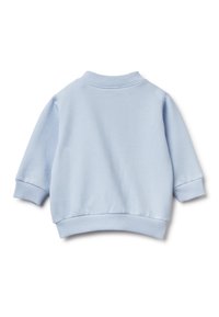 Světle modrá mikina s kulatým výstřihem a žebrovanými manžetami a spodním lemem. Měkká, hladká textura a ležérní silueta. Žádné vzory ani kovové prvky nejsou viditelné.
