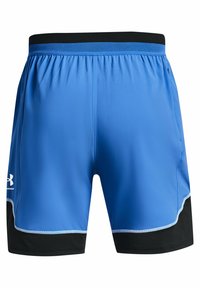 Sinised sportlikud lühikesed püksid musta vöökoha ja külgpaneelidega, kontrastsete valgete õmblustega ja Under Armouri logoga vasakul all.