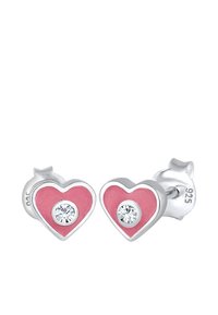 Silberne herzförmige Ohrringe mit rotem Emaille und einem zentralen klaren Kristall. Auf der Rückseite mit "925" gekennzeichnet, was auf Sterlingsilber hinweist.