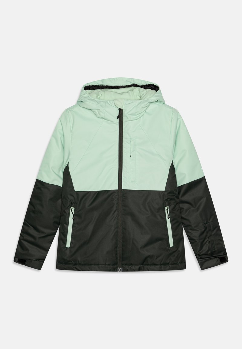 Chaqueta impermeable en verde menta y negro con capucha, que presenta bolsillos con cremallera en la parte delantera y una textura suave. El diseño incluye un bloqueo de color diagonal.