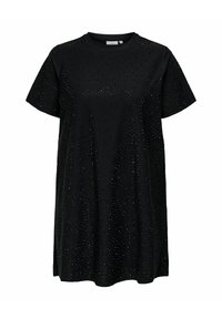 Melna T-kreklu kleita ar īsām piedurknēm. Tai ir tekstūrēta virsma, kas rotāta ar nelieliem, spīguļojošiem aksesuāriem. Sānos ir izgriezumi apakšmalā.