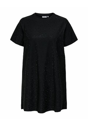 Must mustriga kleit lühikeste varrukatega. Omab tekstuurset pinda, mis on kaunistatud väikeste sädelevaid kaunistustega. Küljel lõhikud allääres.