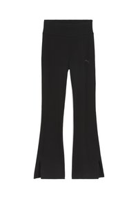 Pantaloni sportivi neri con design svasato, dotati di fessure laterali, una texture liscia e un discreto logo Puma sul lato sinistro.