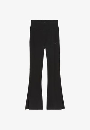 Pantalones deportivos negros con un diseño acampanado, que cuentan con aberturas laterales, una textura suave y un sutil logo de Puma en el lado izquierdo.