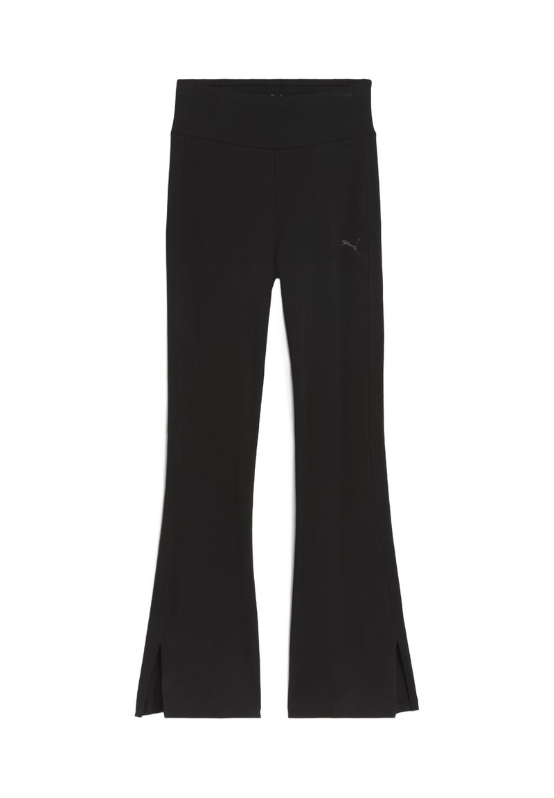Pantaloni sportivi neri con design svasato, dotati di fessure laterali, una texture liscia e un discreto logo Puma sul lato sinistro.