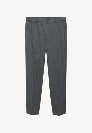 Pantalons tailleur gris en tissu à texture lisse. Comprend une poche avant, des passants de ceinture et une fermeture à un bouton.