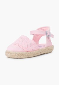 Roosa espadrille sandaal, millel on laia toe, pehme canvase ülemine osa ja kudum jute tald, kaunistatud lainelise heegeldatud disainiga. Reguleeritav pahkluu rihm.