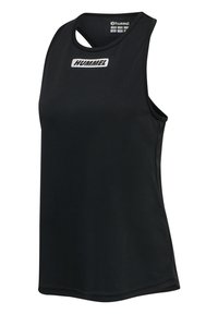 Black athletic tank top with a round neckline, sleeveless design, and Hummel logo. Made from smooth, lightweight fabric.
