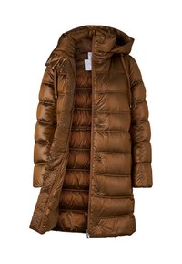 Langer brauner gepolsterter Wintermantel mit Kapuze, Frontreißverschluss, Druckknöpfen und Kordelzug, teilweise geöffnet gezeigt.