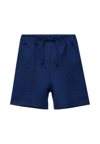 Marineblå bomuldsbukser med elastisk talje og snøre foran, med en enkel stikning mod en hvid baggrund.