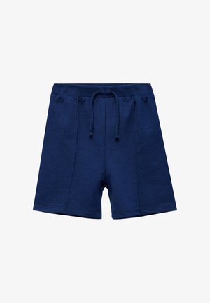 Dunkelblaue Baumwollshorts mit elastischem Bund und vorderem Kordelzug, ausgestattet mit einem einfachen Steppdetail auf weißem Hintergrund.