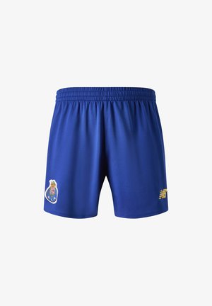 Pantalones cortos deportivos azules hechos de tela ligera con una cintura elástica. Presentan un logo dorado y un emblema en parche en el lado izquierdo.