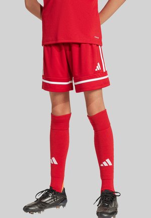 Rote Fußballshorts mit weißen Streifen, kombiniert mit roten Socken, die weiße Akzente aufweisen. Schwarze Fußballschuhe mit strukturierter Oberfläche und Stollen.