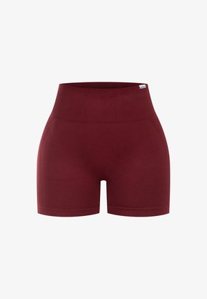 Bordeauxfarbene, hoch taillierte Shorts aus dehnbarem Material, mit einer glatten Textur und einem figurbetonten, maßgeschneiderten Design.