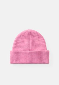 Berretto lavorato a maglia rosa con texture a coste e design con risvolto, realizzato in un morbido materiale misto lana.