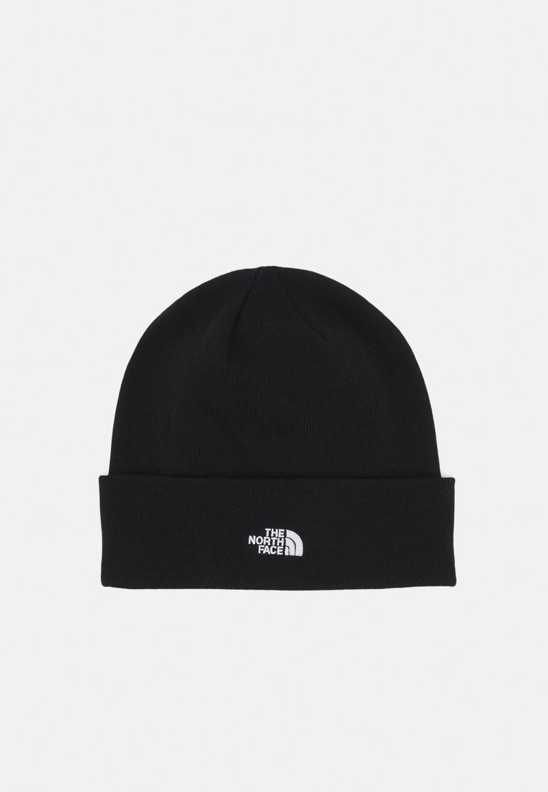 Black knit beanie with a folded cuff, featuring a white logo on the front. Smooth texture, rounded top, and stretchy material for fit.
