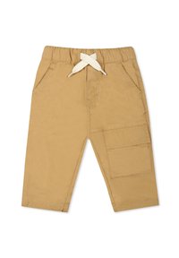 Pantaloni cargo color sabbia con vita elasticizzata, cordino bianco e tasche laterali. Presentano una grande tasca cargo sulla gamba destra.