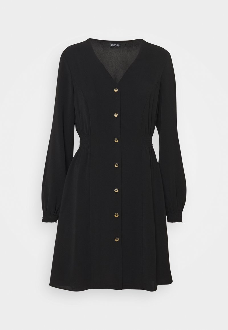 Robe noire avec un décolleté en V, des manches longues bouffantes et une taille ajustée. Elle présente un devant boutonné avec des boutons dorés et une jupe fluide.