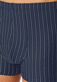 Ingrandimento di una persona che indossa boxer blu scuro con sottili strisce verticali bianche e blu.