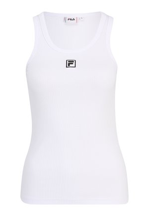 Top de tirantes blanco de tela de mezcla de algodón. Presenta el logo de Fila en negro en el pecho y un cuello redondo clásico.