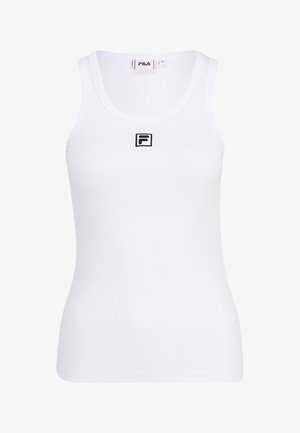 Débardeur blanc en coton mélangé avec des côtes. Présente le logo Fila en noir sur la poitrine et un col rond classique.
