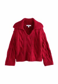 Pulover roșu din tricot cu cabluri, cu un guler larg și decolteu în V. Prezentând o textură groasă de tricot și mâneci lungi.
