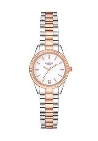 Silberne und roségoldene Uhr mit einem polierten Edelstahlarmband, runder Gehäuseform, weißem Zifferblatt und geriffelter Lünette, ausgestattet mit Stundenmarkierungen und Logo.