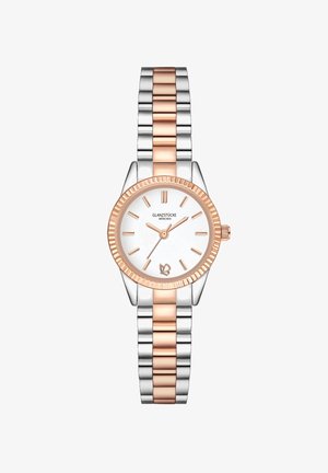 Reloj de plata y oro rosa con una pulsera de acero inoxidable pulido, caja redonda, esfera blanca y bisel estriado, que presenta marcadores de horas y logotipo.