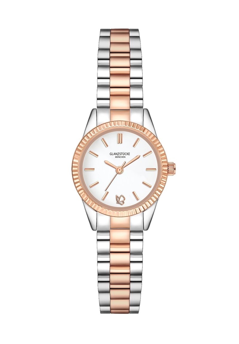 Silberne und roségoldene Uhr mit einem polierten Edelstahlarmband, runder Gehäuseform, weißem Zifferblatt und geriffelter Lünette, ausgestattet mit Stundenmarkierungen und Logo.