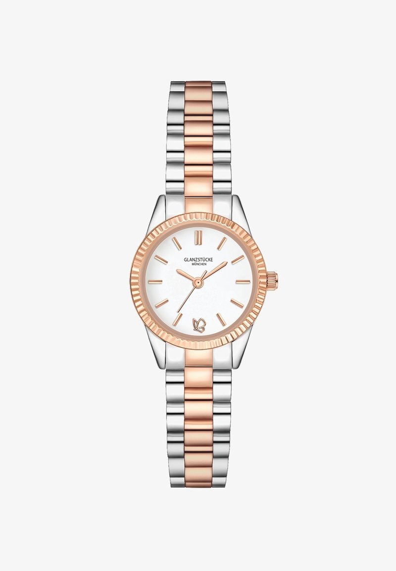 Silberne und roségoldene Uhr mit einem polierten Edelstahlarmband, runder Gehäuseform, weißem Zifferblatt und geriffelter Lünette, ausgestattet mit Stundenmarkierungen und Logo.