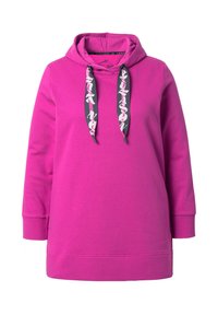 Abito con cappuccio fucsia realizzato in tessuto morbido. Presenta un cappuccio, maniche lunghe e lacci a contrasto con un motivo grafico.