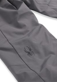 Grijze stoffen broek met een gladde textuur, voorzien van een zwart spinnlogo nabij de zoom en een minimalistisch ontwerp zonder extra accenten.