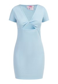Rochie de culoare albastru deschis, cu dantelă în V, mâneci scurte și un detaliu legat în nod în față. Textură netedă, formă ajustată și lungime până la genunchi.