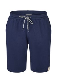 Granatowe spodenki z miękkiego materiału, z elastycznym pasem i teksturowanym sznurkiem, kieszeniami po bokach oraz małą metką na dole.