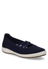 Scarpe slip-on in mesh blu navy con fasce incrociate, punta arrotondata e suola in gomma bianca. Presentano una tomaia morbida con un design testurizzato.