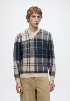 Jeune homme aux cheveux bouclés portant un pull à col en V à carreaux beige et bleu foncé et un pantalon marron clair, debout devant un fond uni.