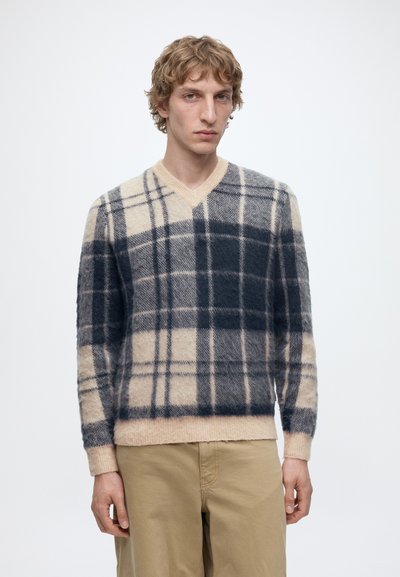 Jeune homme aux cheveux bouclés portant un pull à col en V à carreaux beige et bleu foncé et un pantalon marron clair, debout devant un fond uni.