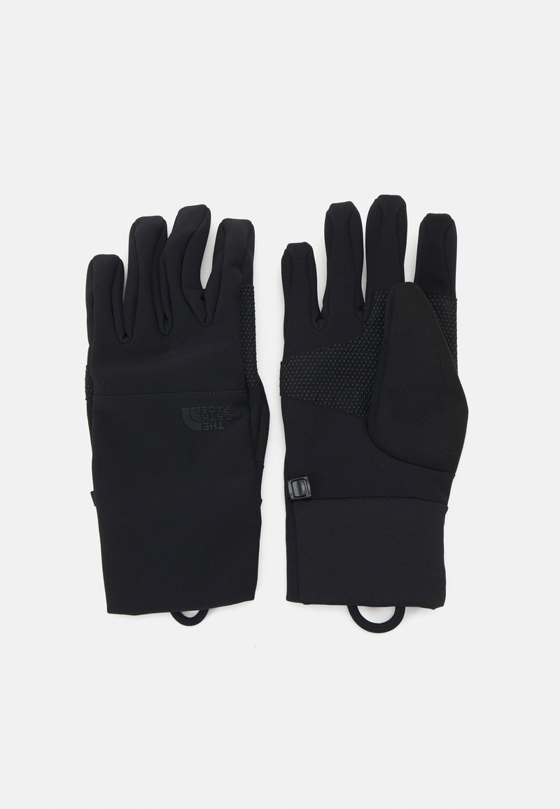 Gants noirs en tissu lisse et élastique ; zones de prise texturées sur les doigts et la paume ; sangle ajustable avec clip pour un maintien sécuritaire.