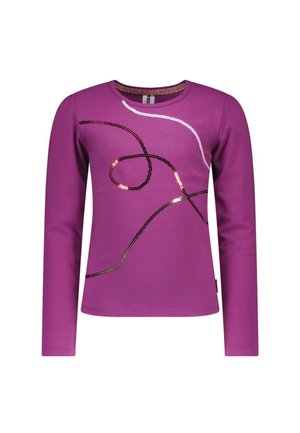 Lilla langærmet skjorte med rund hals, med abstrakte buede linjer af sorte og pink pailletter foran.