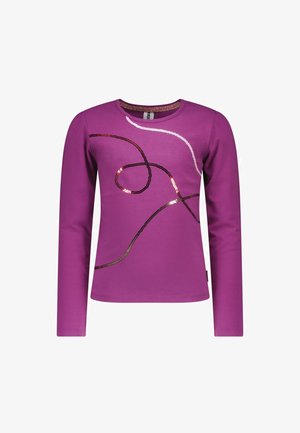 Fioletowa koszula z długim rękawem i okrągłym dekoltem, zdobiona abstrakcyjnymi, zakrzywionymi liniami z czarnych i różowych cekinów na przodzie.