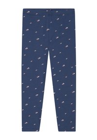Marineblaue Leggings aus weichem Stoff mit einem verstreuten Muster aus pinken und weißen Blättern. Das Design verfügt über einen elastischen Bund und eine figurbetonte Form.