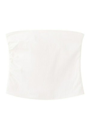 Biely bezramienkový bandeau top vyrobený z textúrovaného materiálu s rovnou líniou výstrihu a priliehavým strihom.